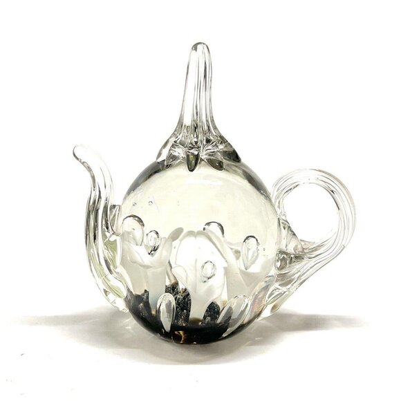 St Clair Other - VTG St Clair Clear Glass Teapot Ring Holder Paperweight White Flowers Dark Base